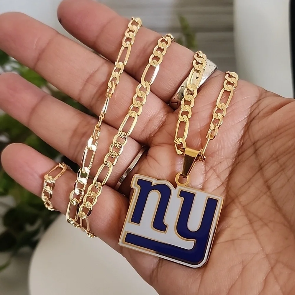 Gold Stainless Steel Figaro Chain Necklace with NY Giants Pendant